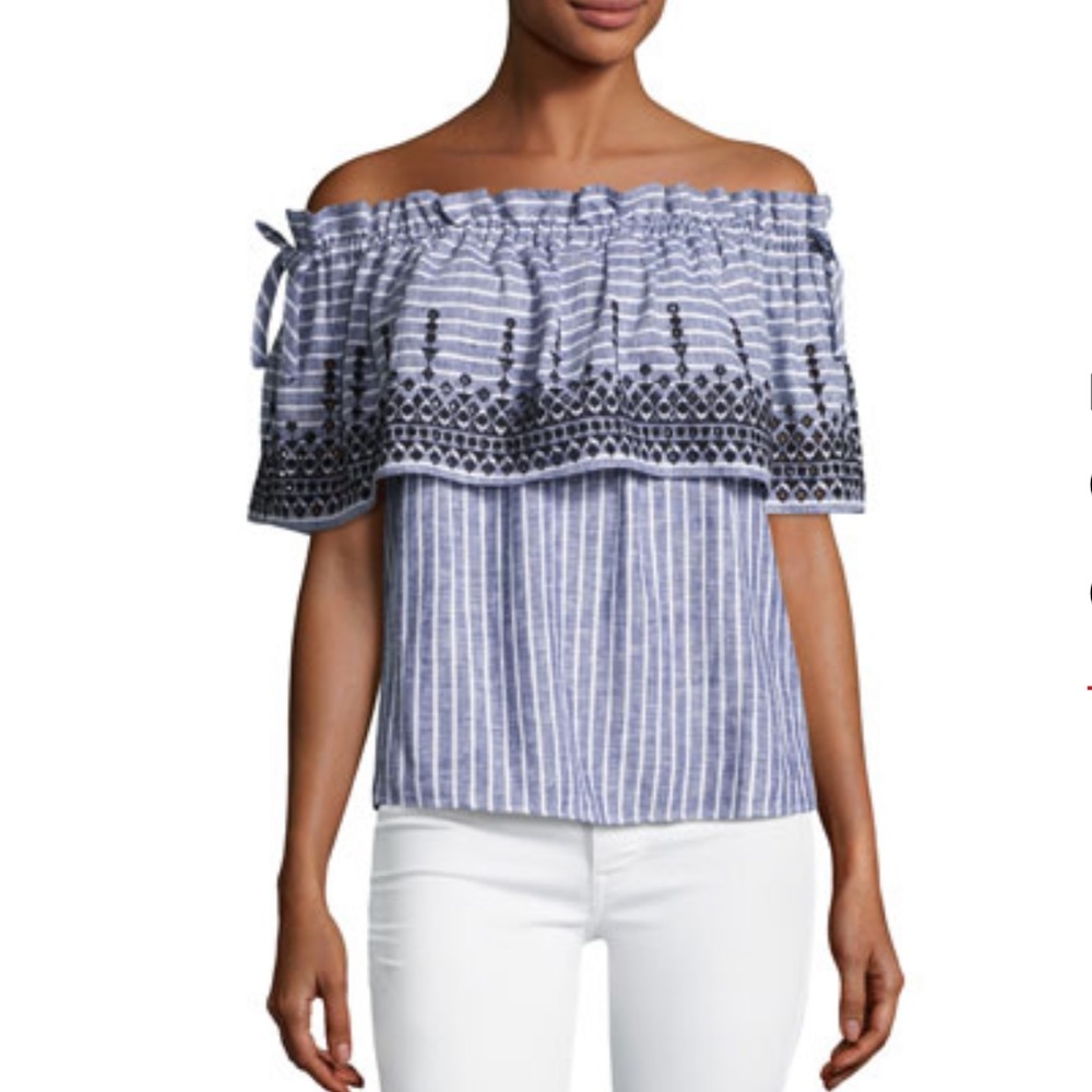 BNWOT $265 PARKER “Cassandra” Off Shoulder Striped Chambray Blouse